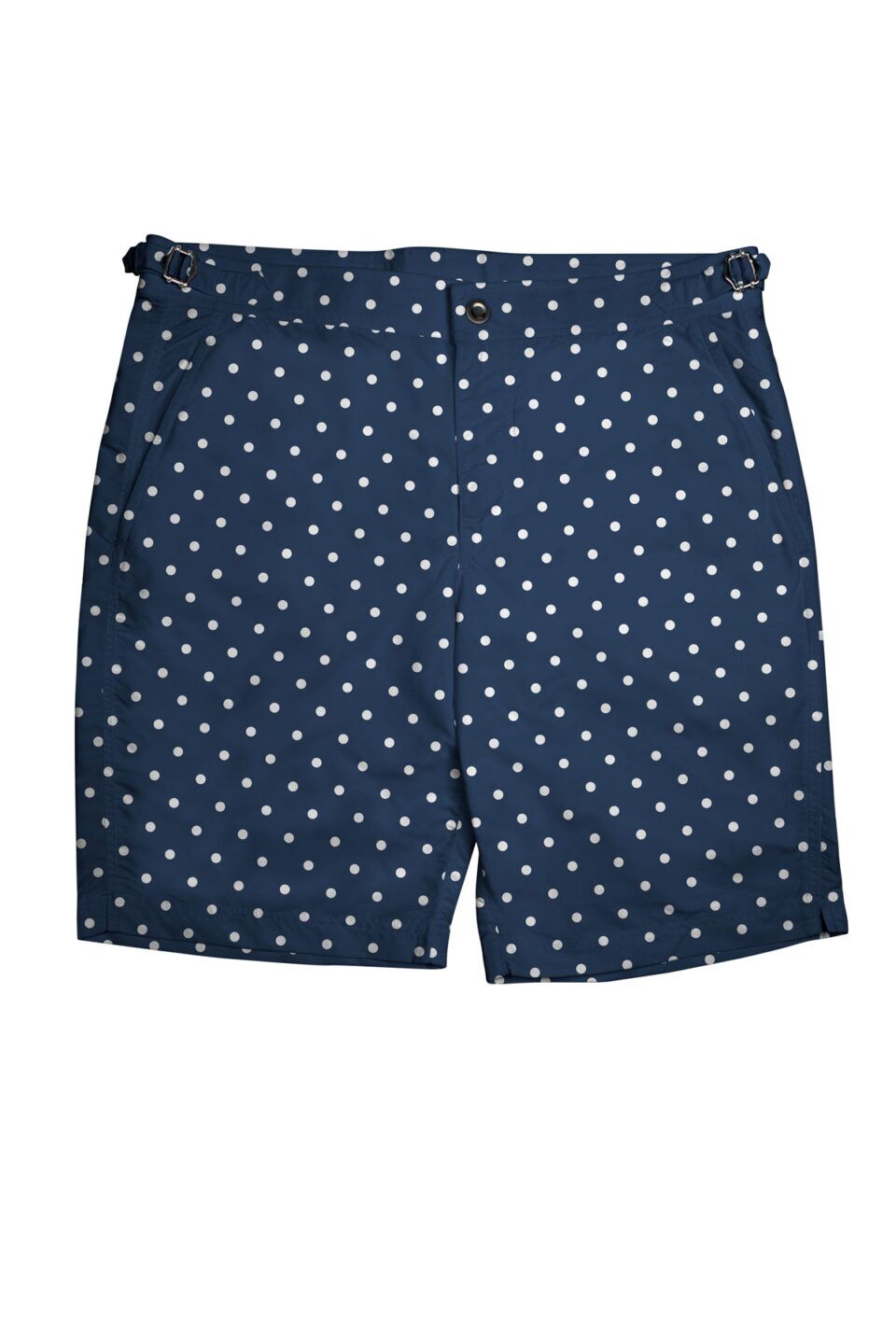 (product) Navy/White Polka Dots Swim Shorts, front view