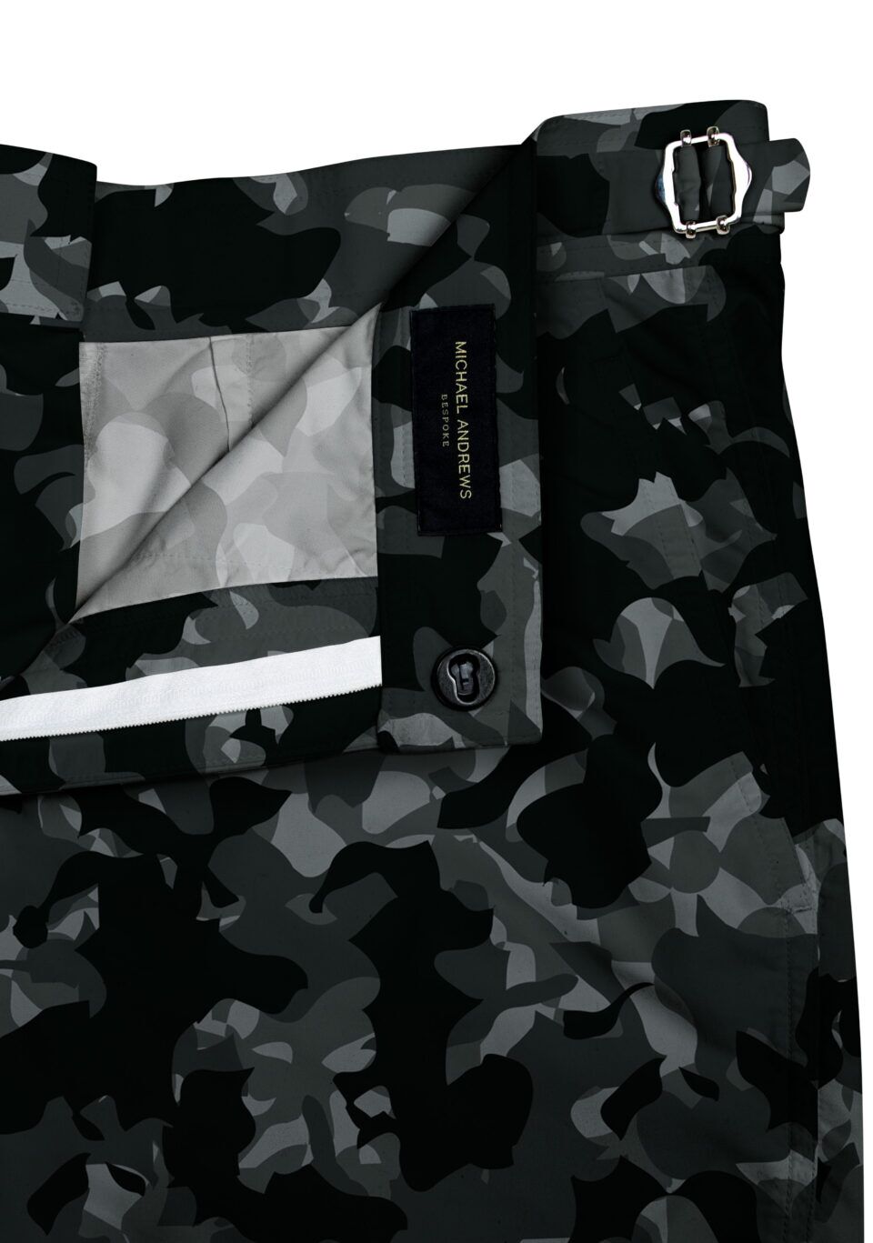 (product) Grey Camouflage Swim Shorts, close-up of waistband details