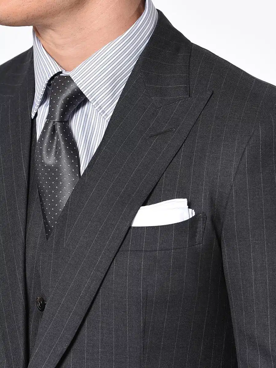 (product) Charcoal Twill Stripe Bespoke Suit, lapel detail