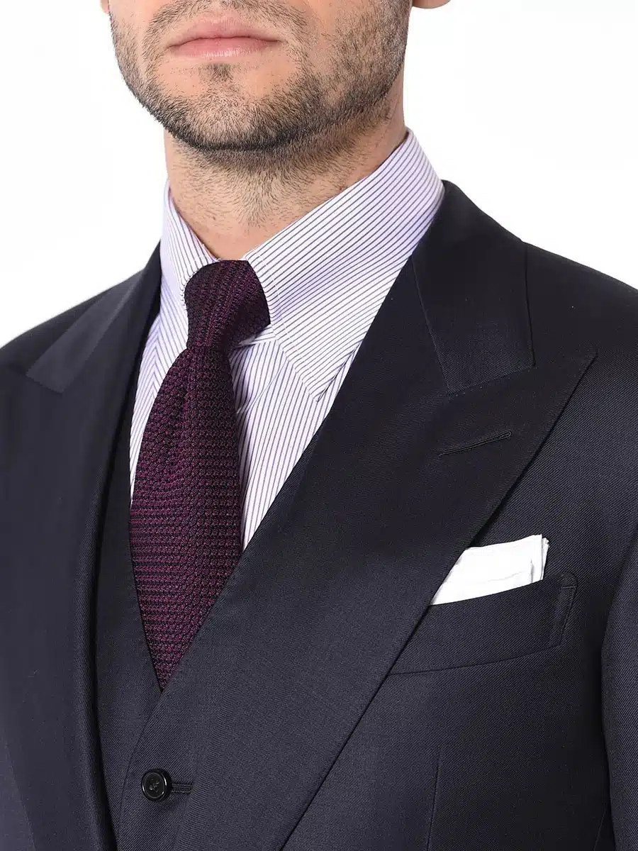 (product) Navy Blue Solid Bespoke Suit, Lapel detail