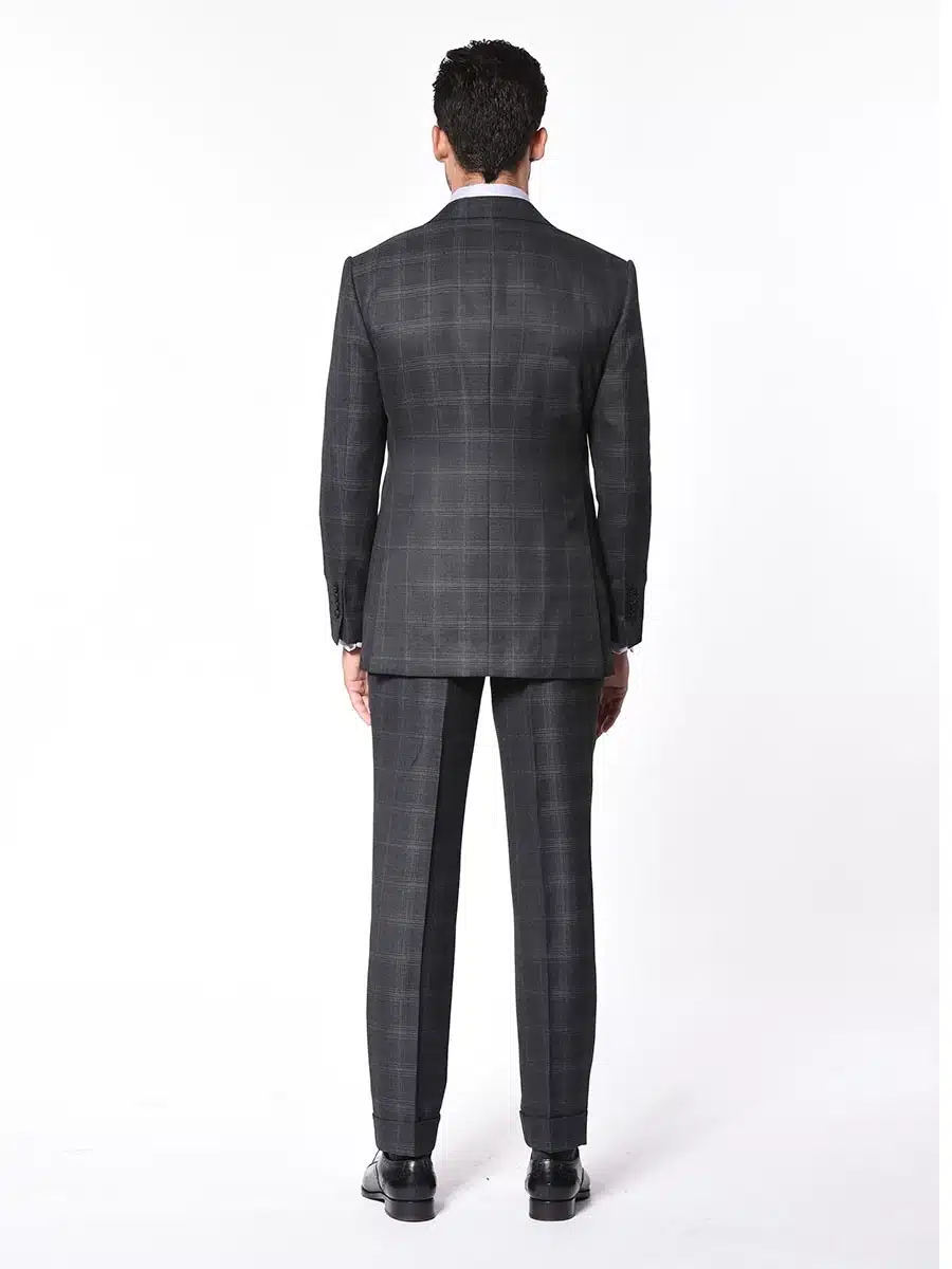 (product) Charcoal Complex Windowpane Bespoke Suit, Back view