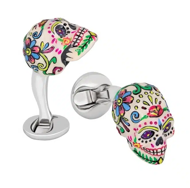 (product) Sweet Yorick Cufflinks, detailed view of colorful skull design