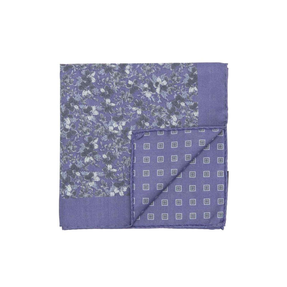 (product) Purple and Blue Double Sided Flowers and Square Medallions Pocket Square, Folded