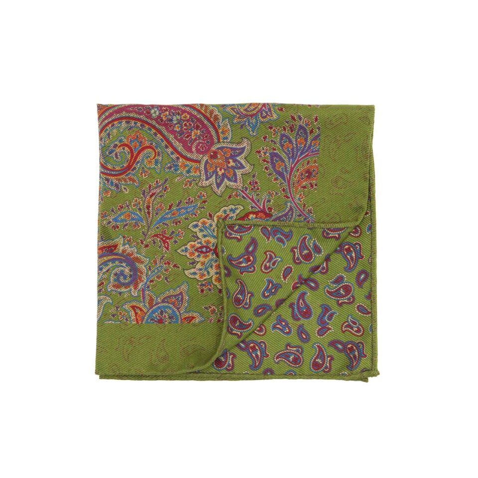 (product) Green Double Sided Multicolor Floral and Paisley Pocket Square