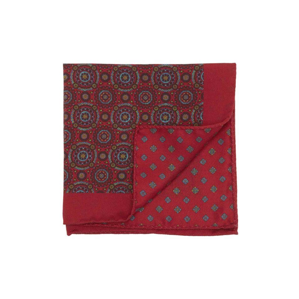 (product) Red Double Sided Pocket Square Multicolor Kaleidoscope Circles and Small Medallions
