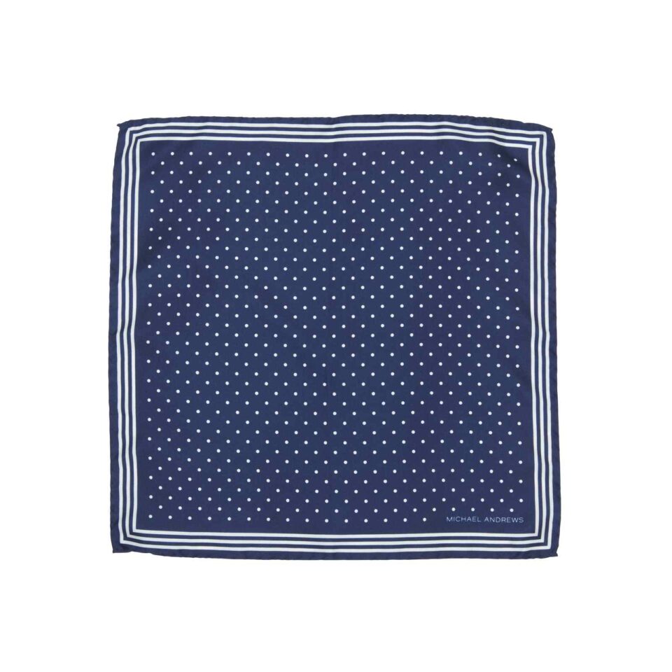 (product) Navy Pocket Square with Classic White Polka Dots and Striped Border