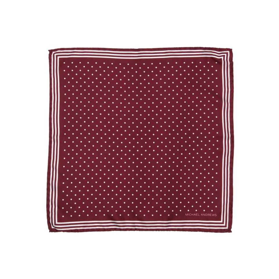 (product) Burgundy Pocket Square with Classic White Polka Dots and Striped Border