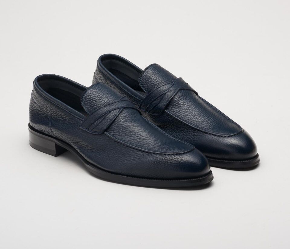 (product) Firenze Navy Loafer, Angled pair view