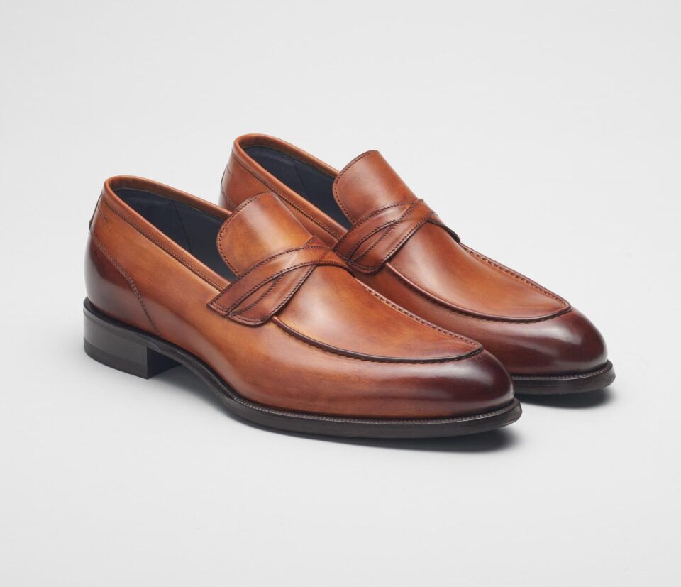 (product) Firenze Burnished Marmo Brown Loafer, Angled pair view