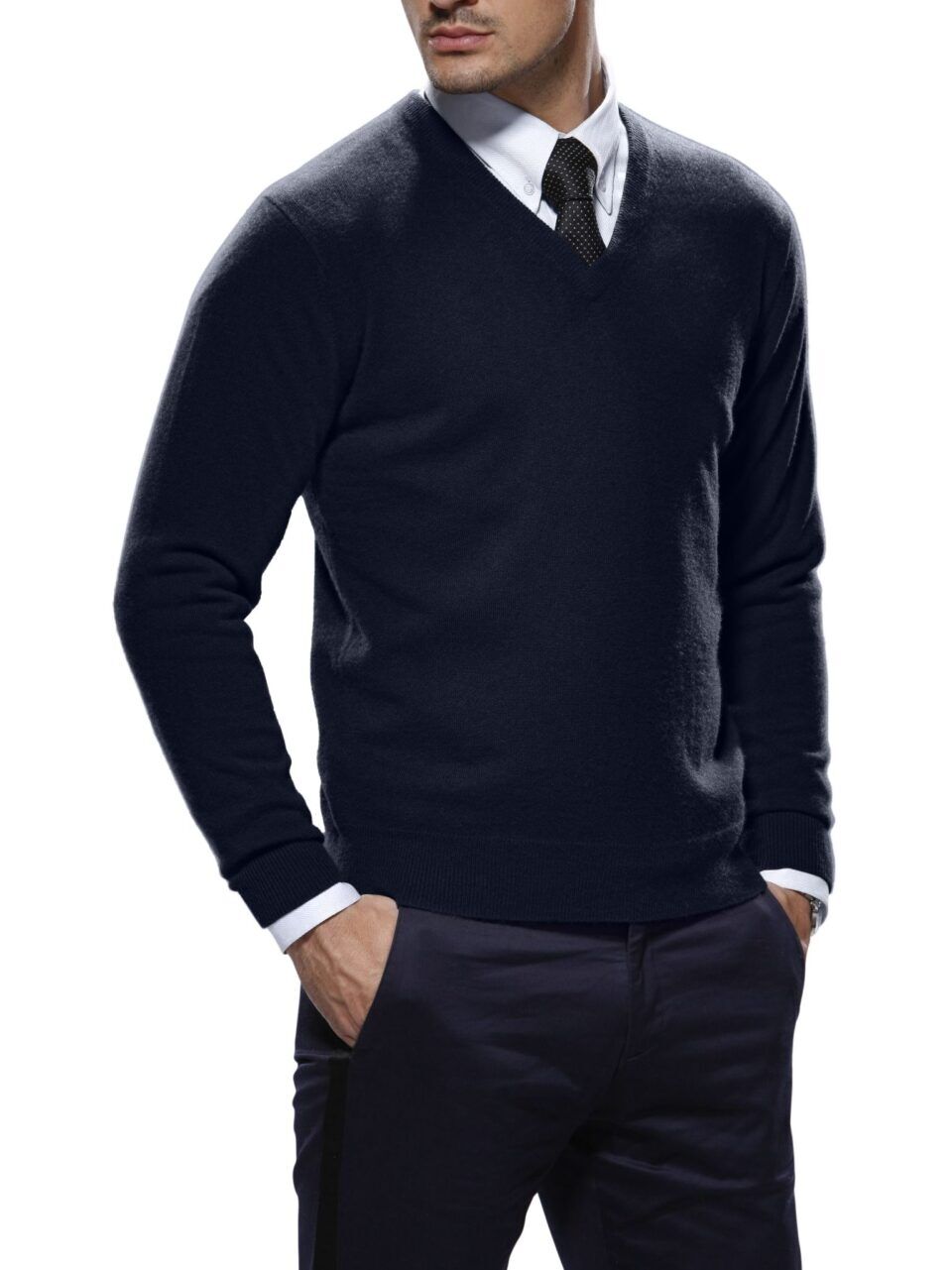 (product) Midnight Blue Cashmere Cashmere V-Neck Sweater