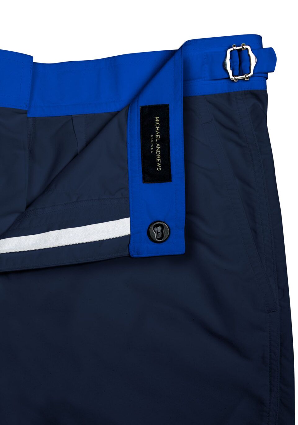 (product) Navy Blue Swim Shorts with Royal Blue Waistband, detailed view