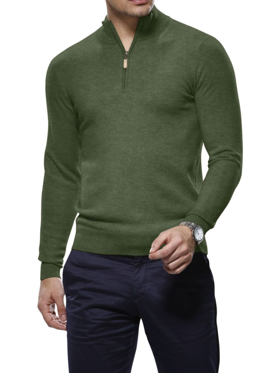 (product) Olive Cashmere 1/4 Zip Mock Sweater