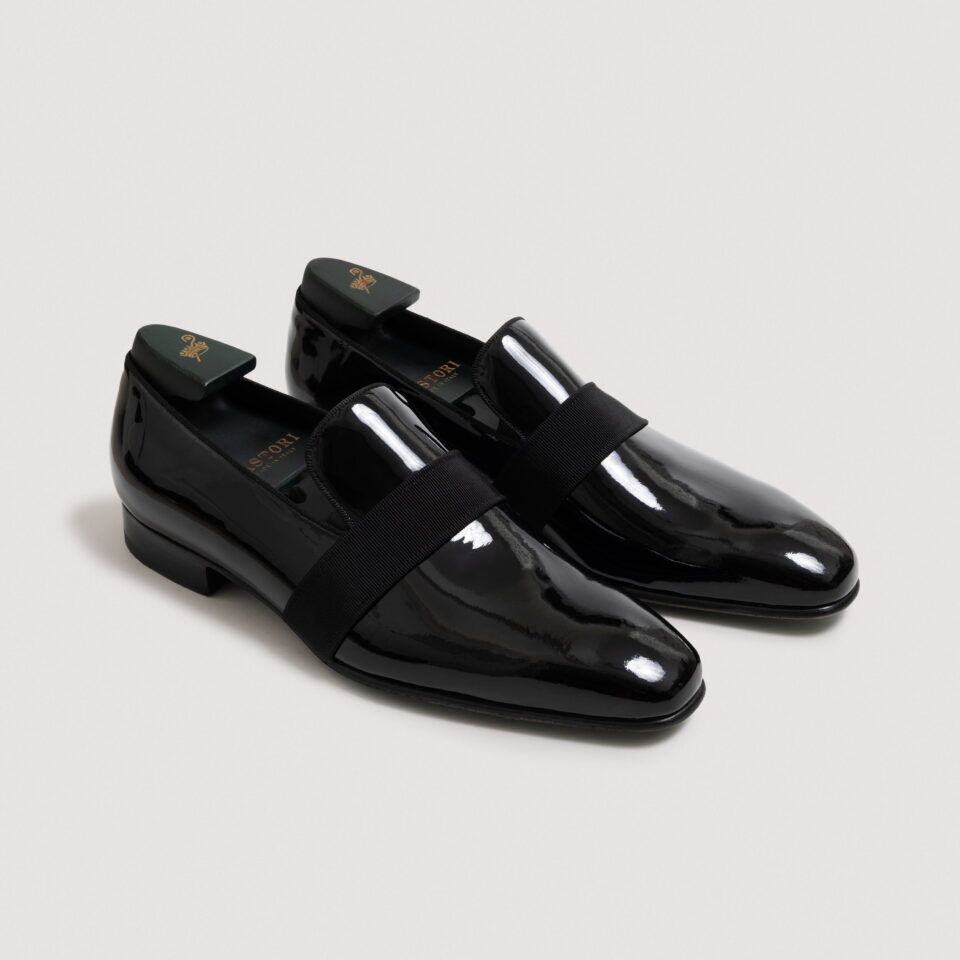 (product) Galba Black Patent Formal Loafer, Front view of the pair