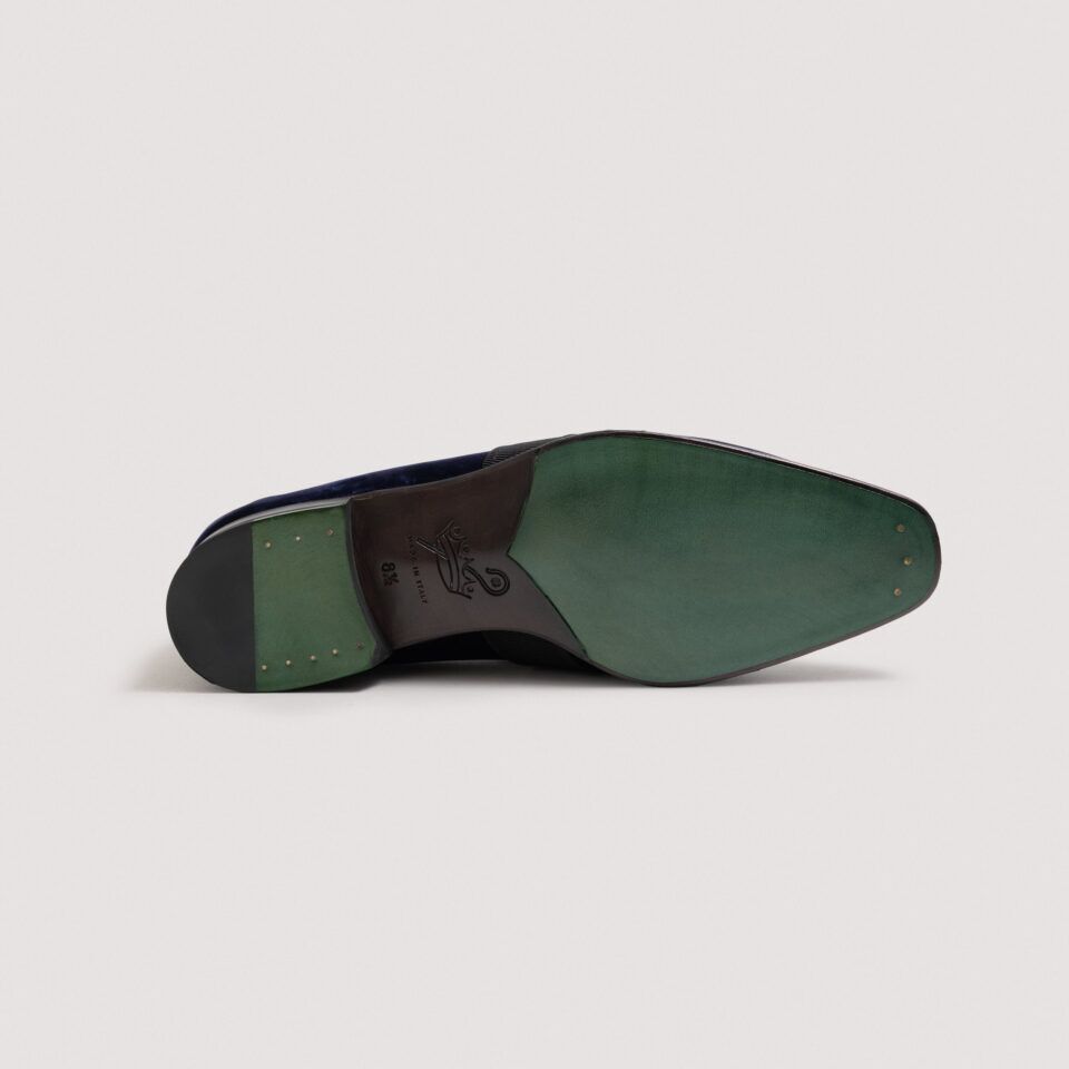 (product) Galba Navy Velvet Formal Loafer, Sole view
