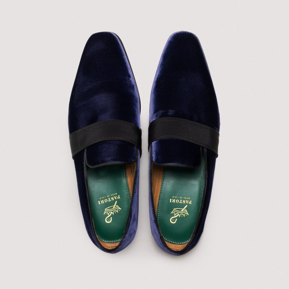 (product) Galba Navy Velvet Formal Loafer, Top view of the pair
