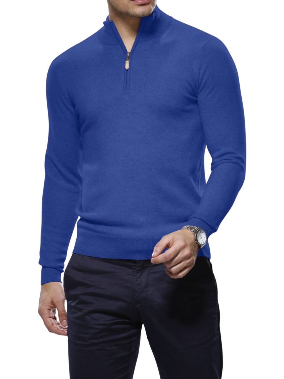 (product) Prussian Blue Merino Wool 1/4 Zip Mock Sweater