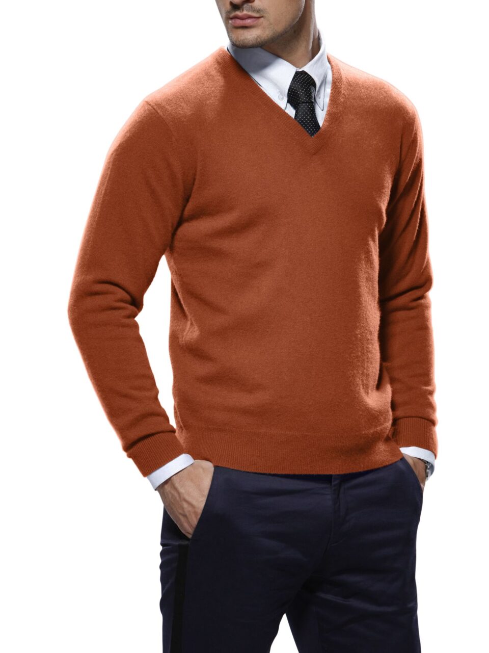 (product) Rust Merino Wool V-Neck Sweater