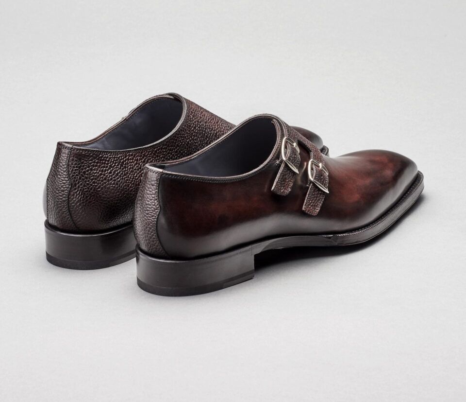 (product) Novara Nero Fondente Monk Strap, Angled pair view