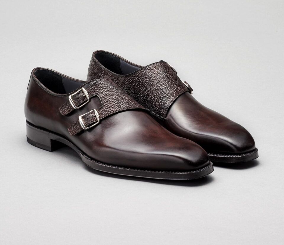 (product) Novara Nero Fondente Monk Strap, Angled pair view