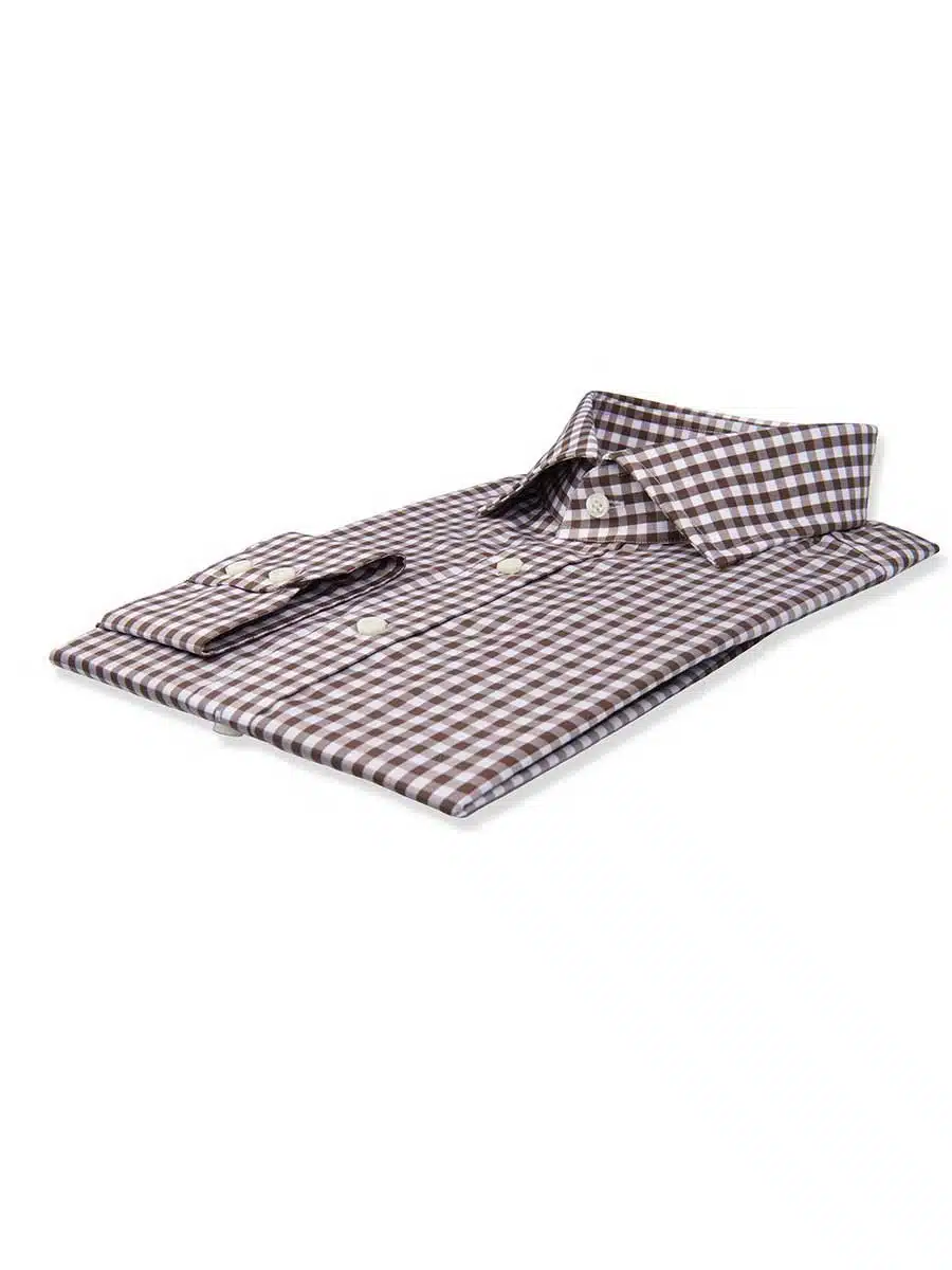 (product) Brown Gingham Spread Collar Shirt, folded and displayed flat