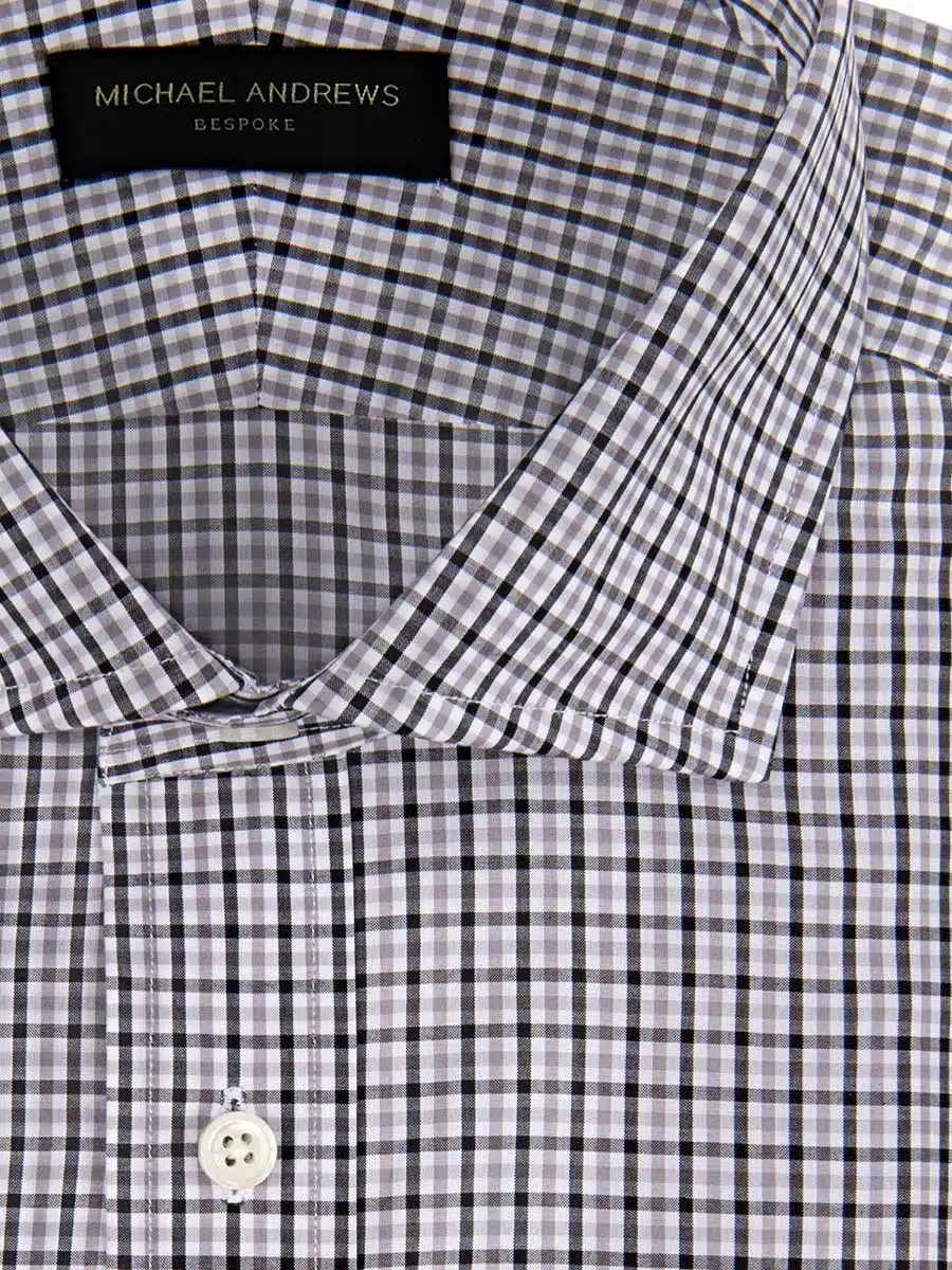 (product) Charcoal & Tattersall Spread Collar Shirt, close-up view