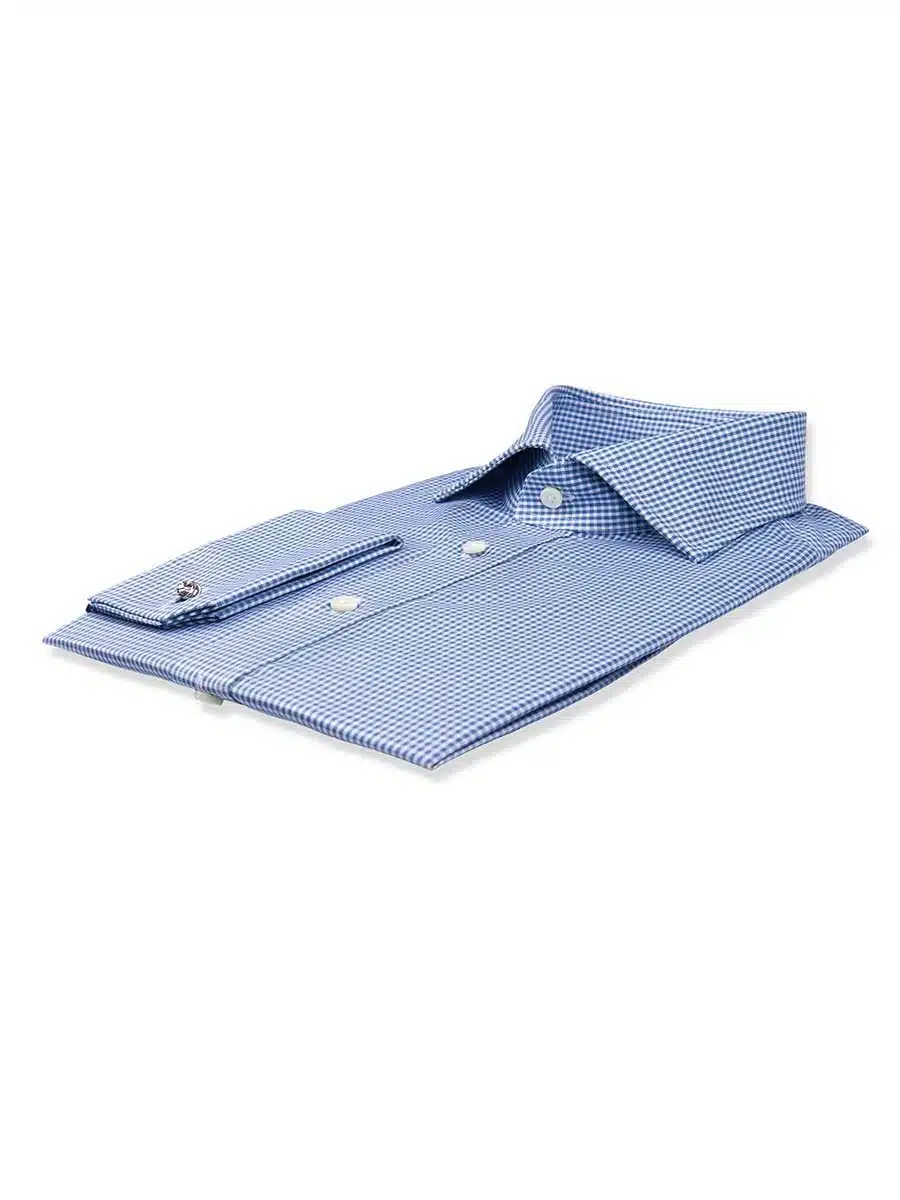 (product) Blue Textured Micro Gingham Spread Collar Shirt, folded and displayed flat