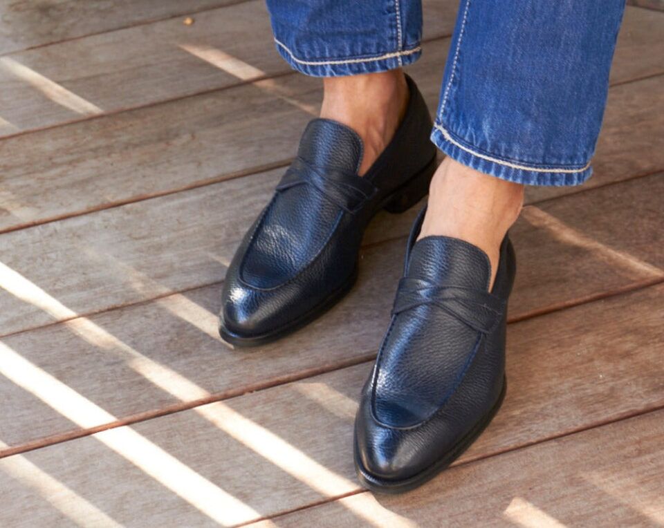 (product) Firenze Navy Loafer worn by a model
