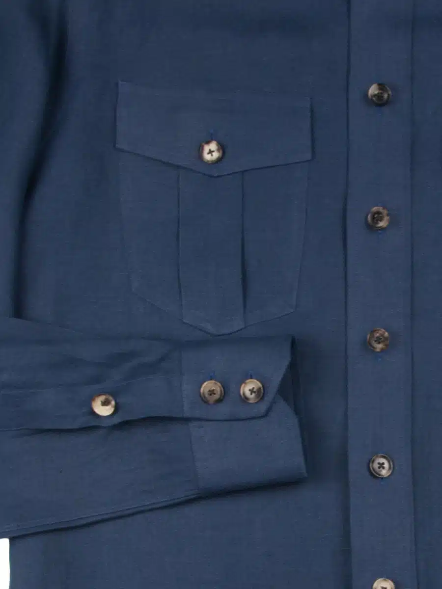 (product) Navy Linen Field Shirt, detailed view of front pockets and buttons