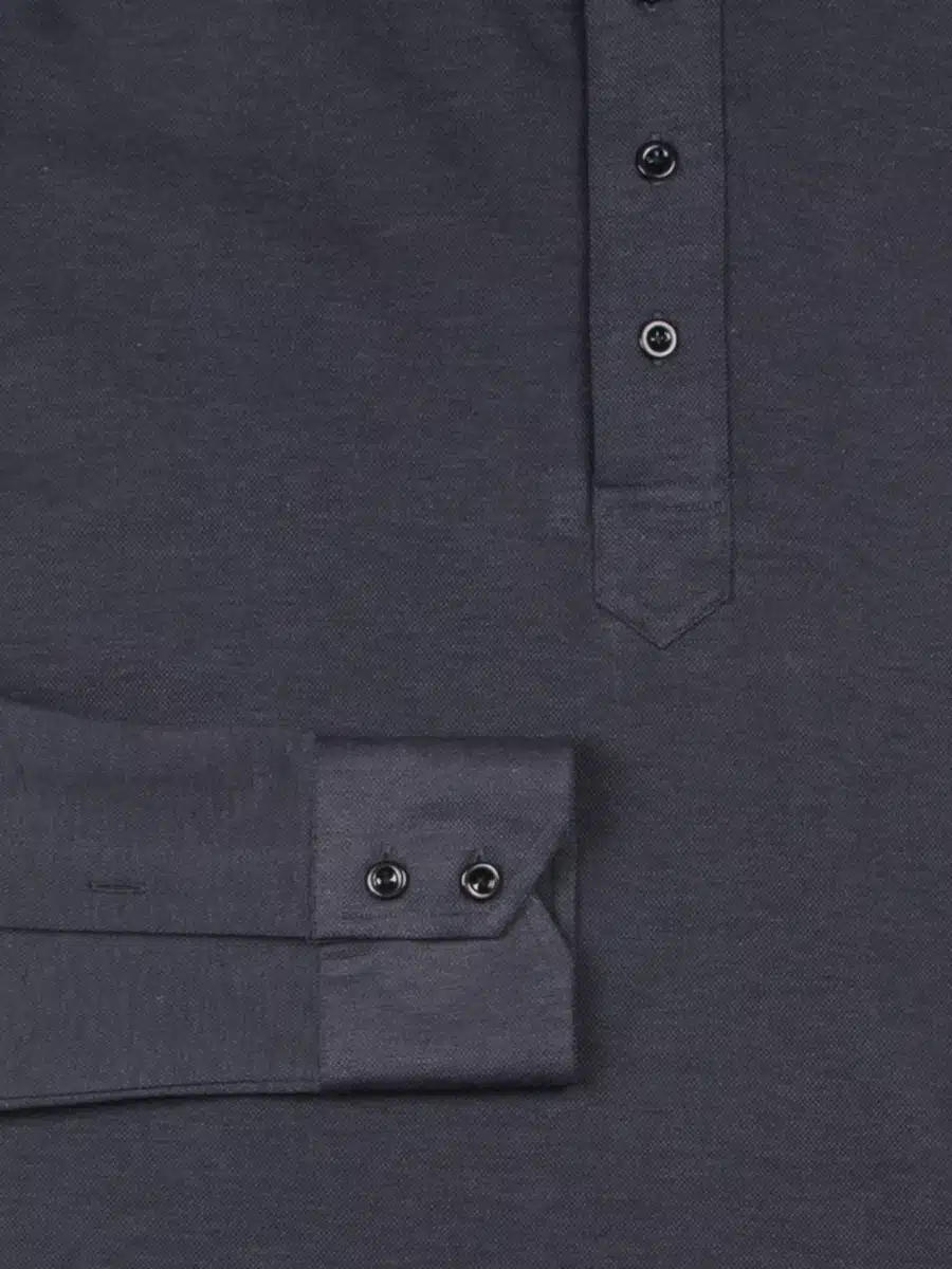 (product) Charcoal Jersey Long Sleeve Polo Shirt, cuff detail