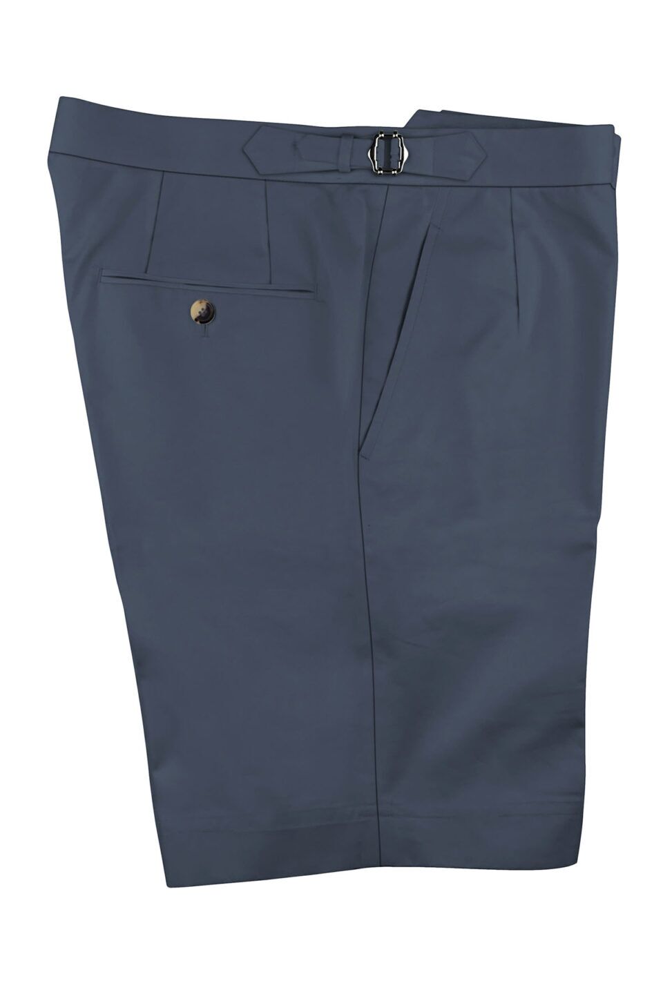 (product) Marine Blue Cotton Shorts featuring a buttoned side pocket