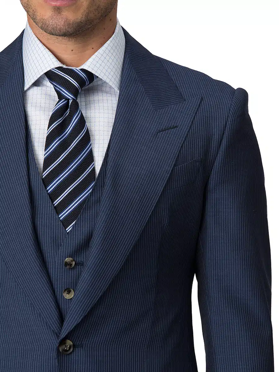 (product) Blue Narrow Stripe Bespoke Suit, lapel detail