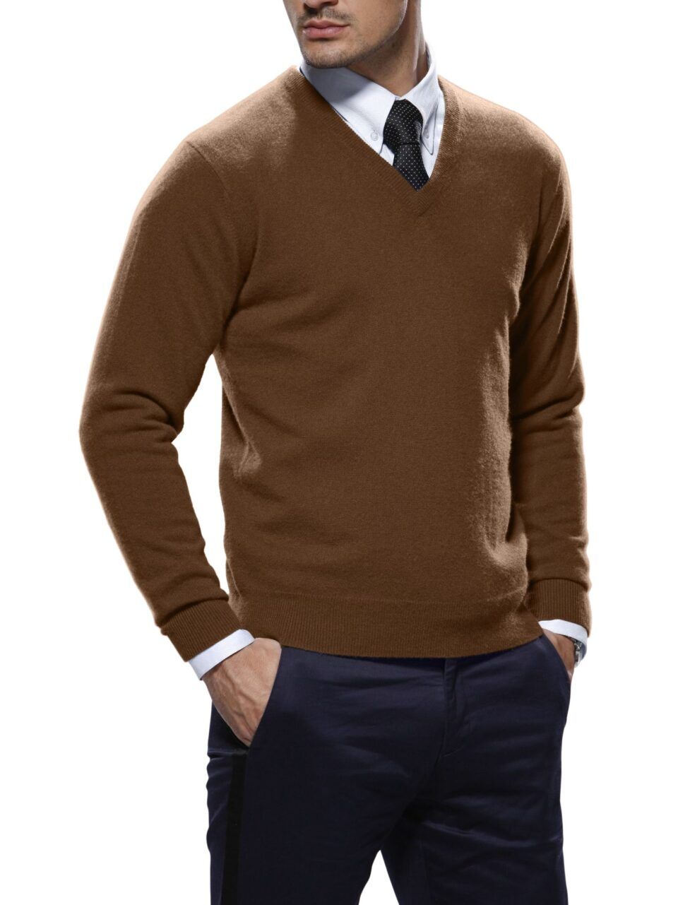 (product) Syrup Brown Merino Wool V-Neck Sweater