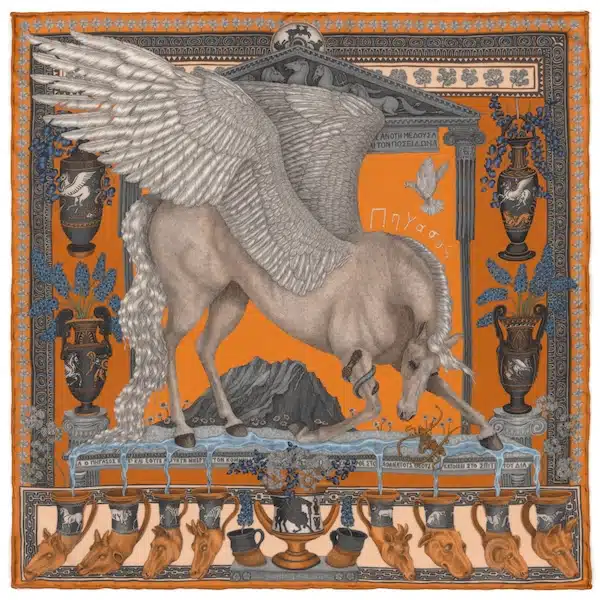 (product) The Temple of Pegasus Citrus/Chalk Pocket Square, Laid flat showing full pattern