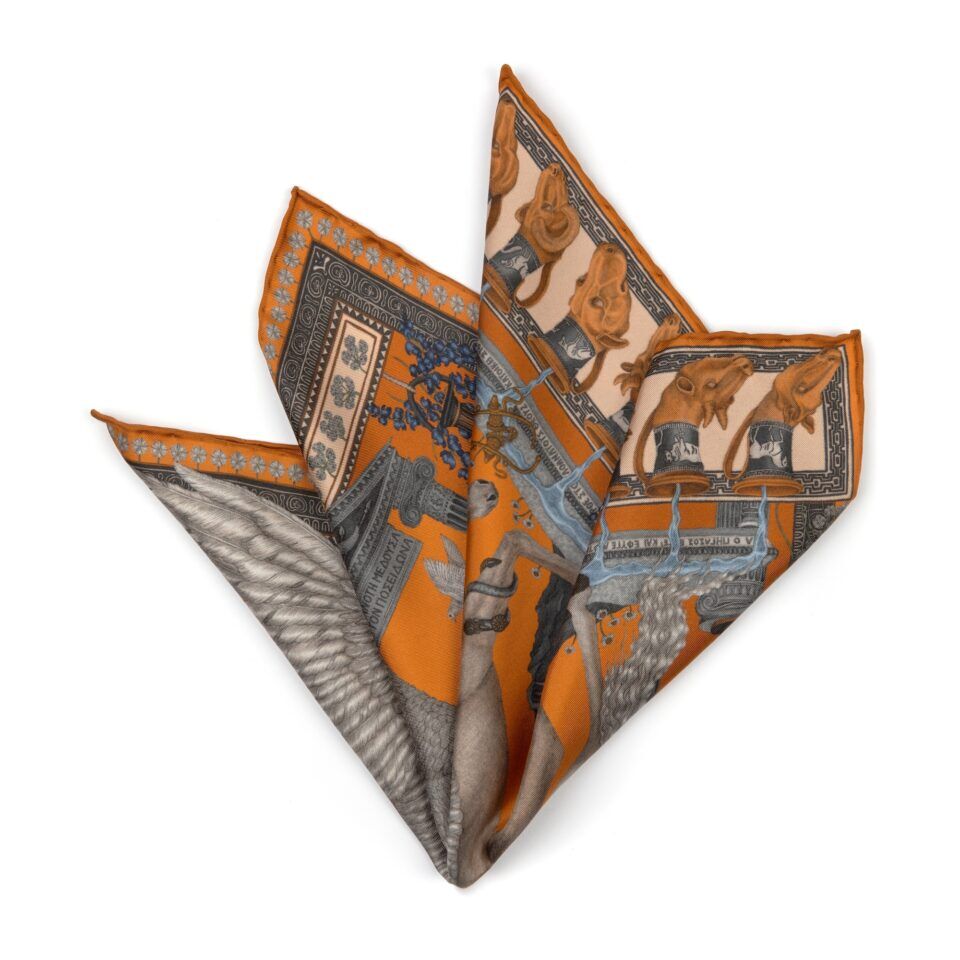 (product) The Temple of Pegasus Citrus/Chalk Pocket Square, Folded