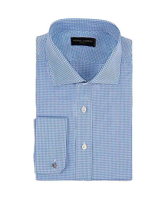 (product) Blue Textured Micro-Gingham, Spread-Collar Shirt