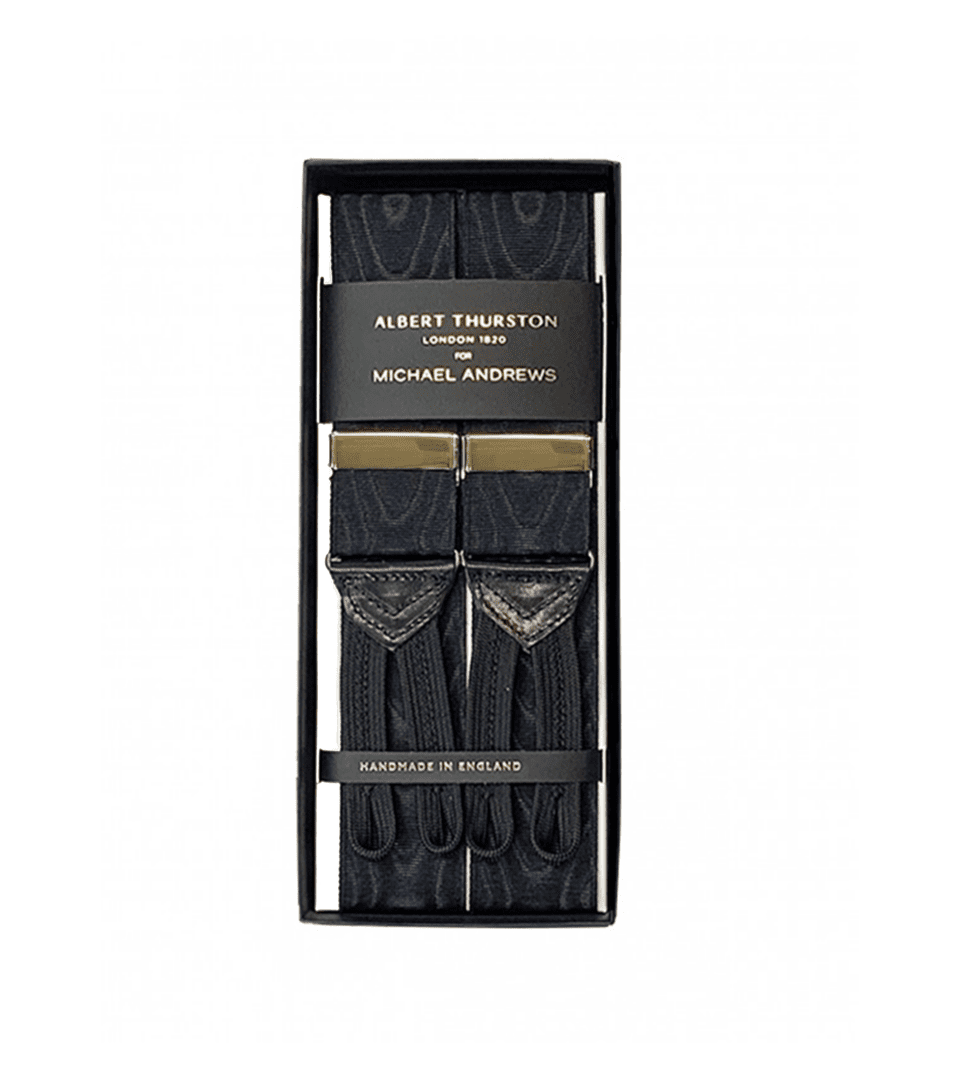 Albert Thurston Black Moire Suspenders with Gold Hardware