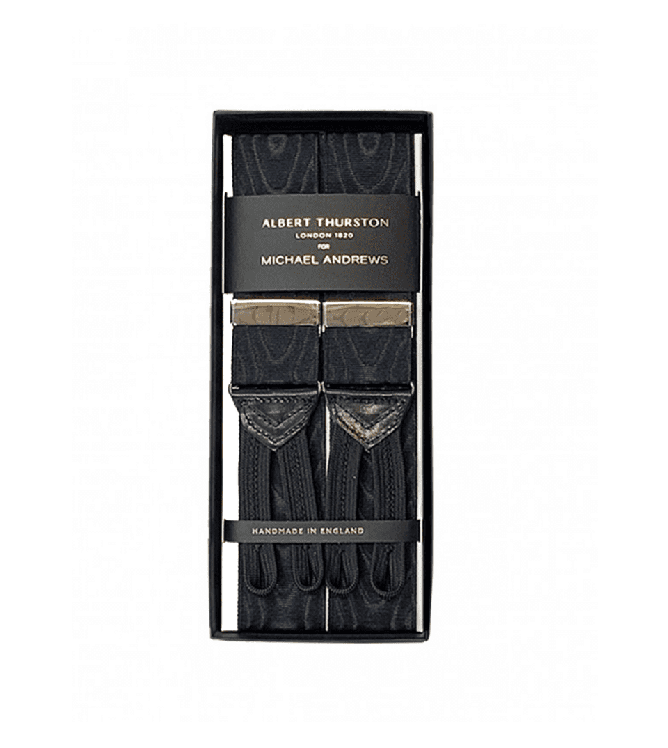 Albert Thurston Black Moire Suspenders with Silver Hardware