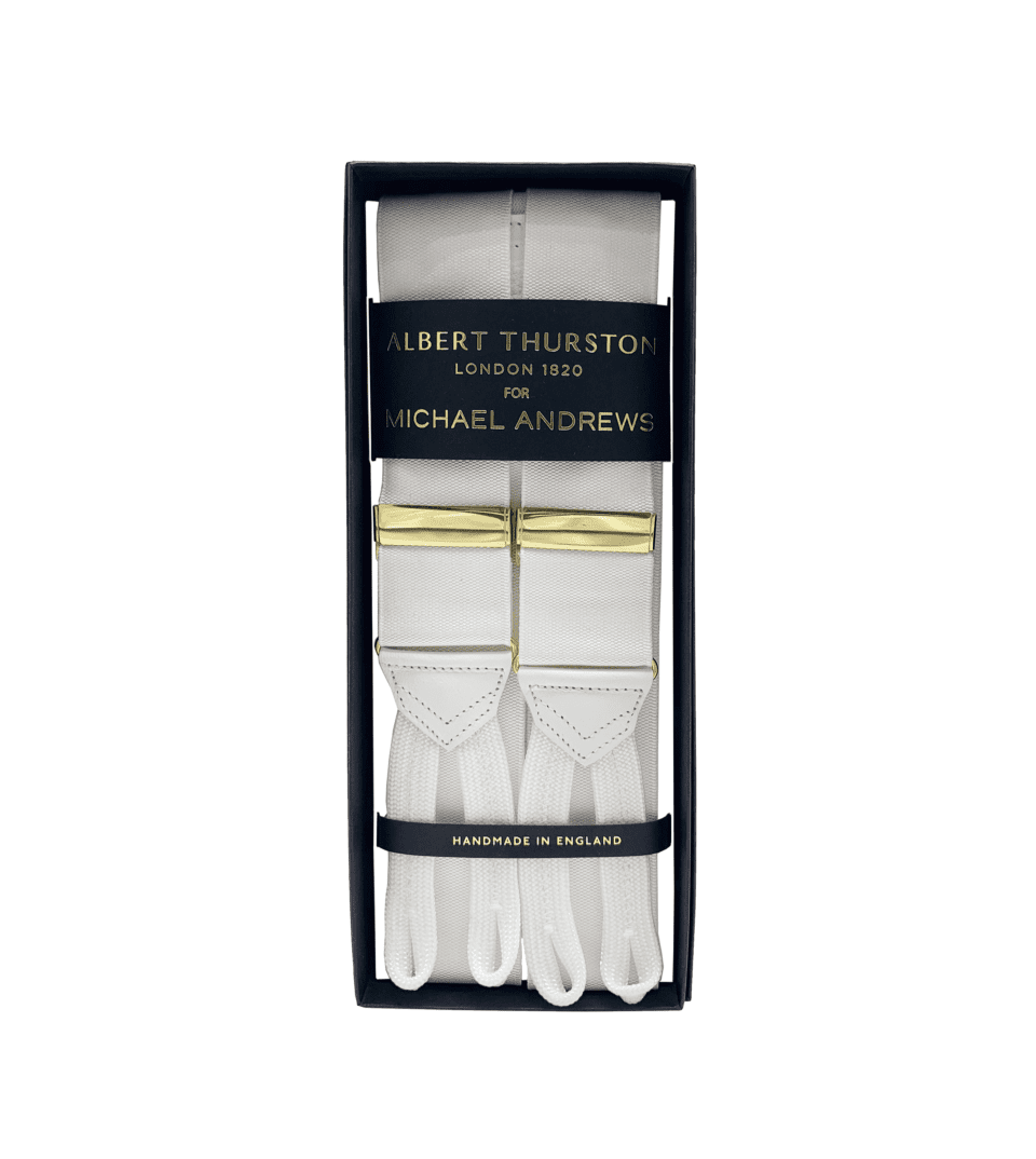 (product) White Solid Suspenders w Gold Hardware