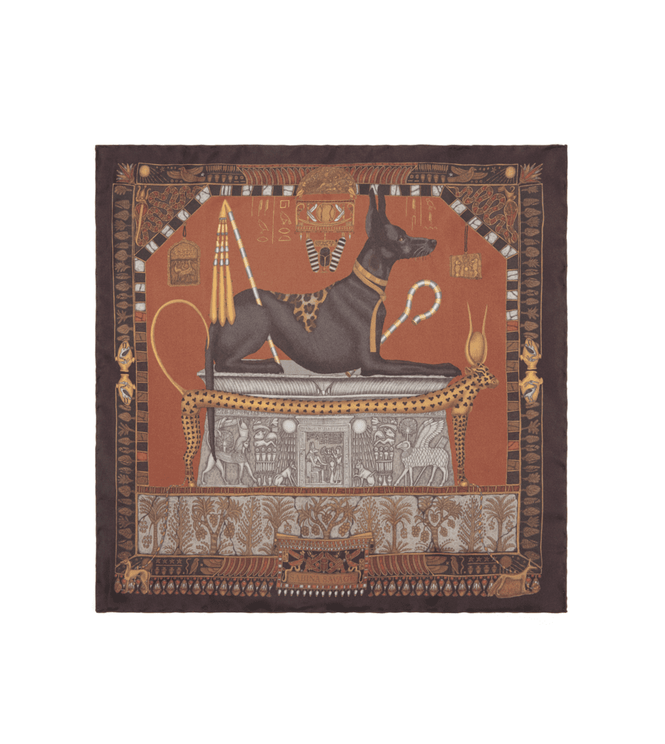 (product) Ode to Anubis Rust/Kohl Pocket Square, full view