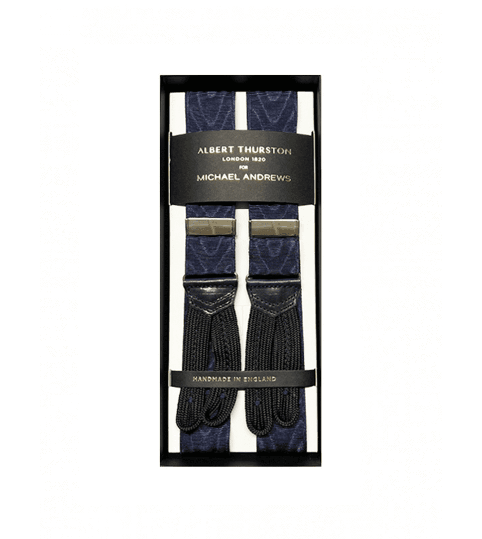 Albert Thurston 32mm Navy Moire Suspenders w Silver Hardware