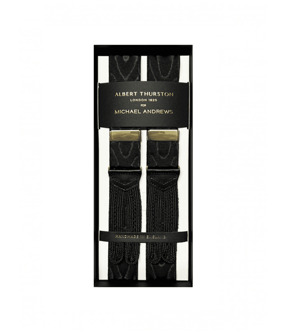 Albert Thurston 32mm Black Moire Suspenders with Gold Hardware