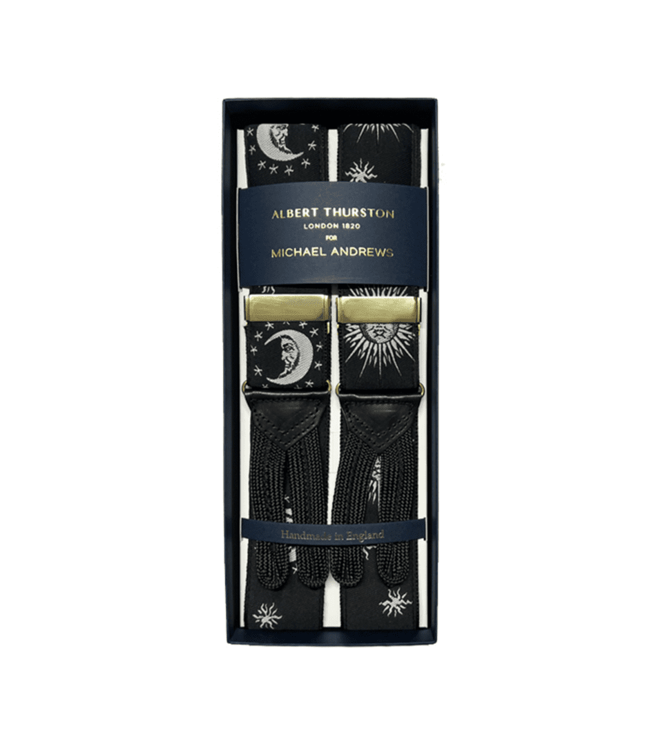 Albert Thurston Black Moon and stars Suspenders with Gold Hardware