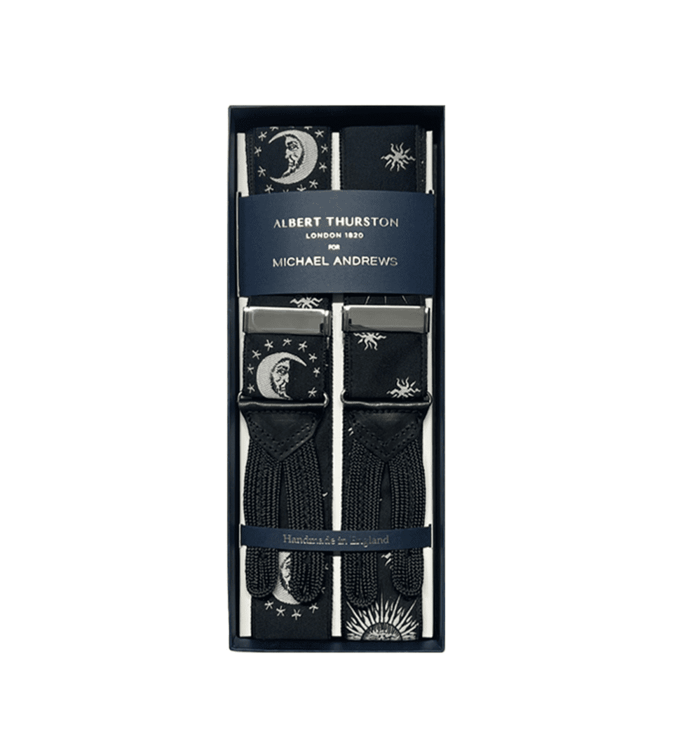 Albert Thurston Black Moon and Stars Suspenders with Silver Hardware
