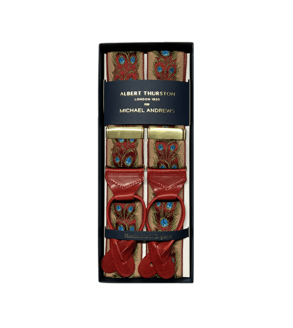 Albert Thurston Salmon and Red Jacquard Peacock Motif Suspenders with Gold Hardware