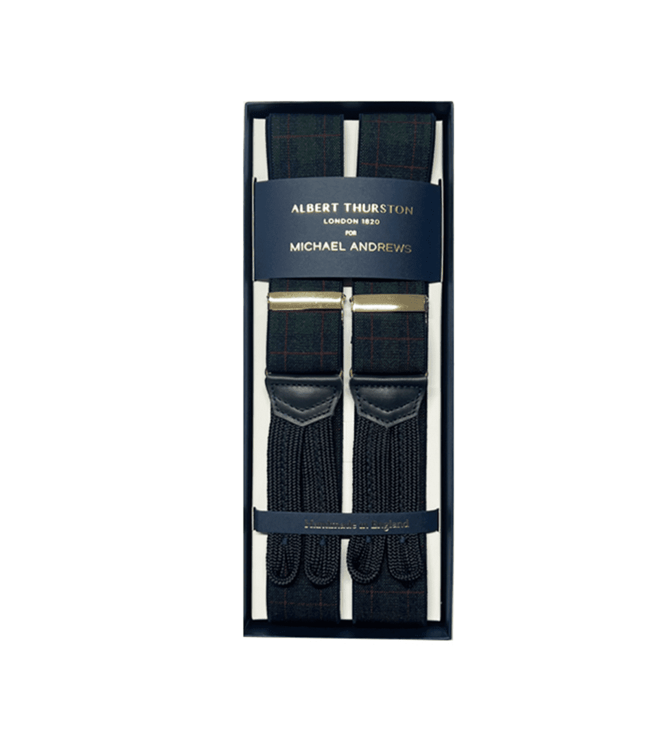 Albert Thurston Navy, Green and Red Plaid Suspenders with Gold Hardware