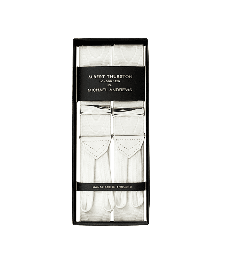 (product) White Moire Suspenders w Silver Hardware