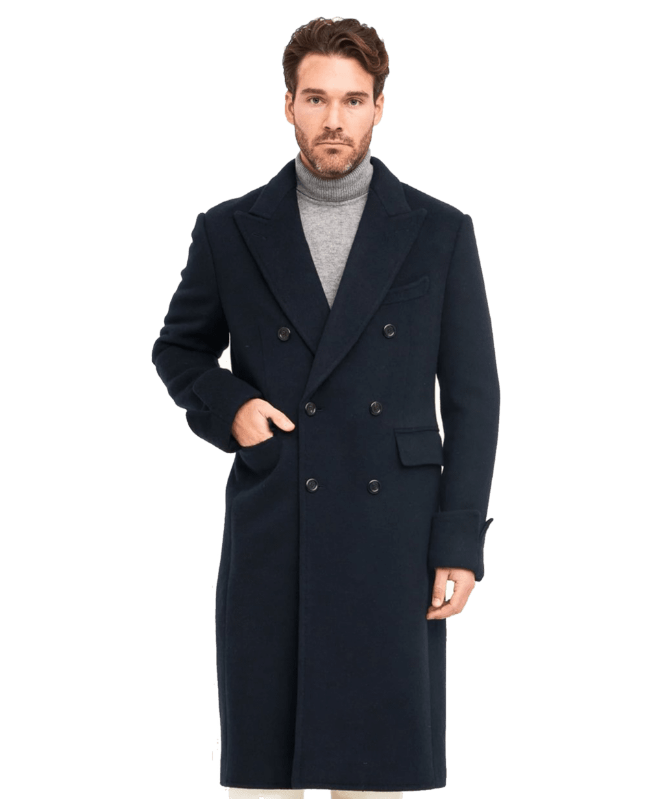 Solid Navy Blue Wool Cashmere DB Topcoat - Front