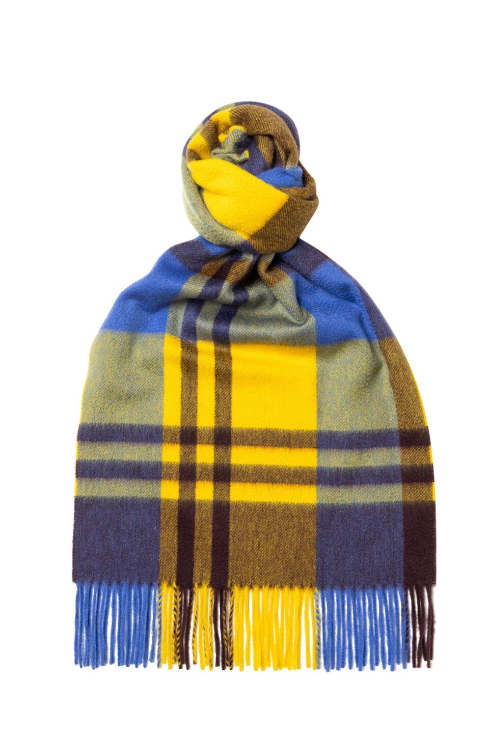 Black Watch Classic Check Cashmere Scarf Yellow x Blue, knotted