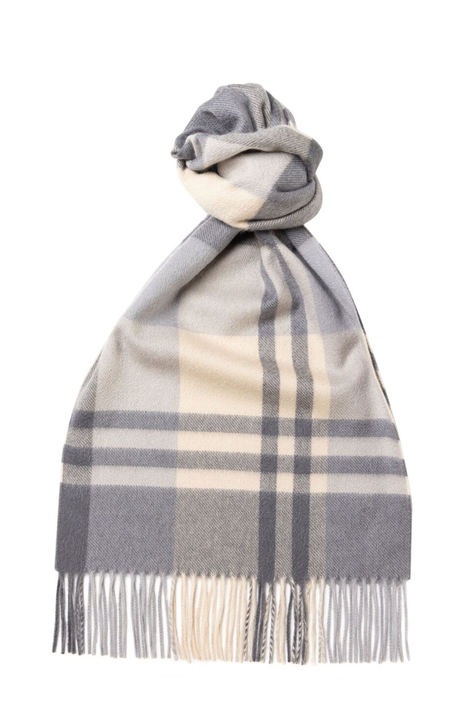 Black Watch Classic Check Cashmere Scarf Grey, knotted