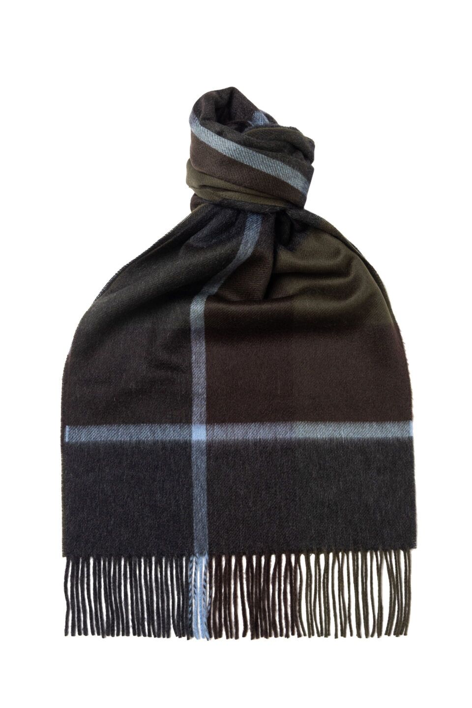 Plaid Wide Cashmere Scarf Dark Brown, knotted